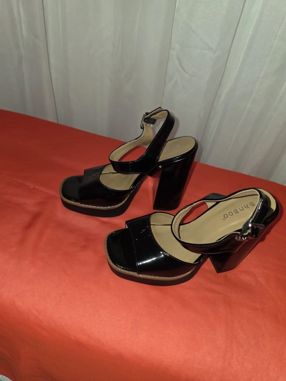 Bamboo Black Patent Platform Block-Heel Sandals